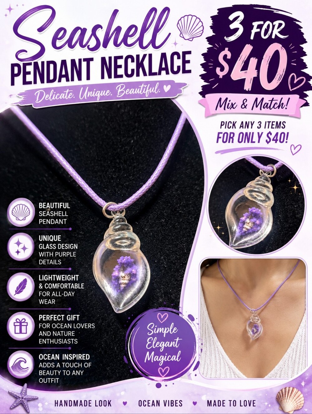Purple Glass Seashell Pendant Necklace Ocean Inspired Handmade Jewelry